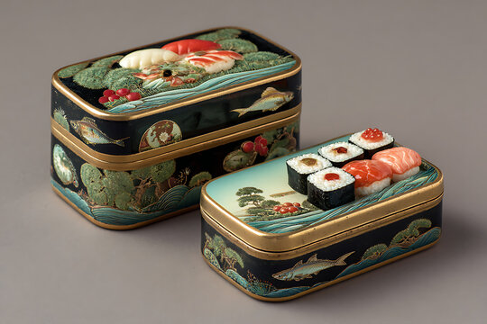 Exquisite Japanese lacquer bento boxes filled with artfully arranged sushi and decorative seafood elements, showcasing intricate craftsmanship