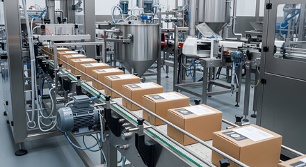 Automated factory production line with cardboard boxes on conveyor belt system in modern industrial facility