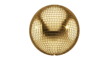 Golden oval disco ball reflecting light isolated on transparent background