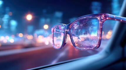 A pair of glasses reflects futuristic digital data and city lights, symbolizing augmented reality and advanced technology in an urban night setting.
