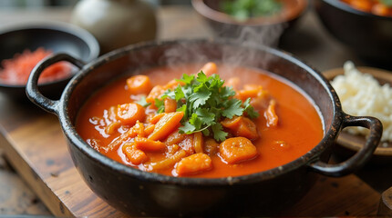 a steaming bowl of Korean kimchi jjigae