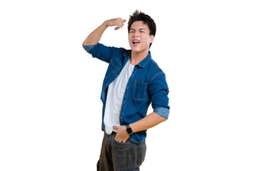 A young man with his hand pointing to his head, a sign of an idea or thought on png background