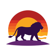 Lion Silhouette in Savannah Sunset African Wildlife Vector Design with Warm Colors