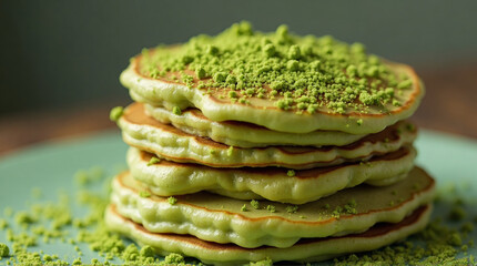 a stack of fluffy matcha pancakes