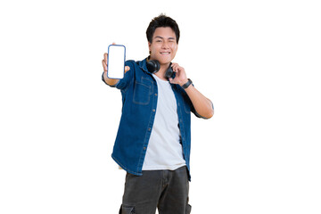 A Smiling Man Holding a Blank Smartphone  on png background