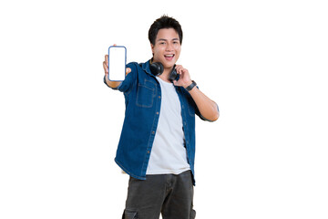 Smiling Young man showing blank screen of smartphone on png background