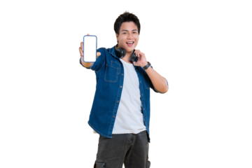 Smiling Young man showing blank screen of smartphone on png background