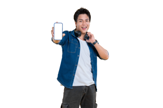 Smiling Young man showing blank screen of smartphone on png background