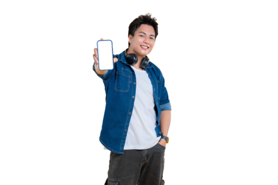 A happy man holding a phone, a new tech presentation on png background