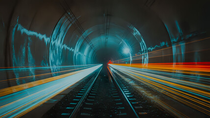 Obraz premium Night Train Tunnel with Light Trails