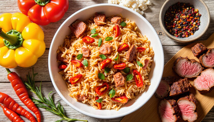 Rice dish with meat and vegetables in a bowl on wooden table