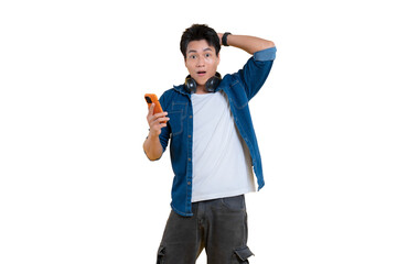 Surprised Man with a Smartphone on png background
