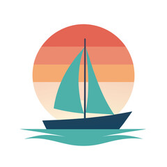 Vintage Sailboat on Calm Ocean with Pastel Retro Sun Design Illustration