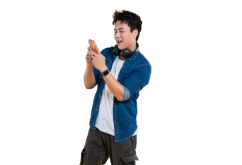 An Asian man looking at his phone, smiling happily, casual style. He wears headphones and smiles while engaging with his phone on png background