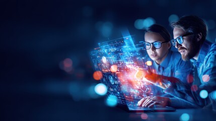 Two professionals analyze futuristic digital data and holographic interfaces on a laptop in a dark, tech-driven environment.