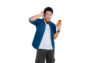 A young man listening music with smart phone on png background