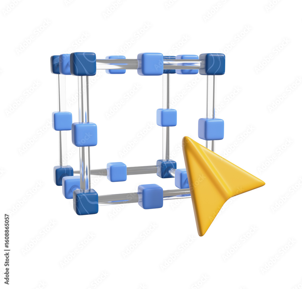 Poster abstract 3d render: modern blue cube network with yellow cursor, digital connection concept.