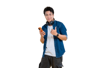 A young man holding a phone while giving a thumbs up. He looks happy and positive on png background