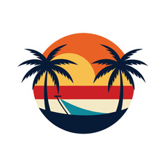 Retro beach scene vector illustration with hammock between palm trees design