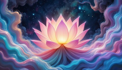 the image features a large blossom in the center against a backdrop of a starry night sky. the blossom is pink with a glowing center that radiates outward