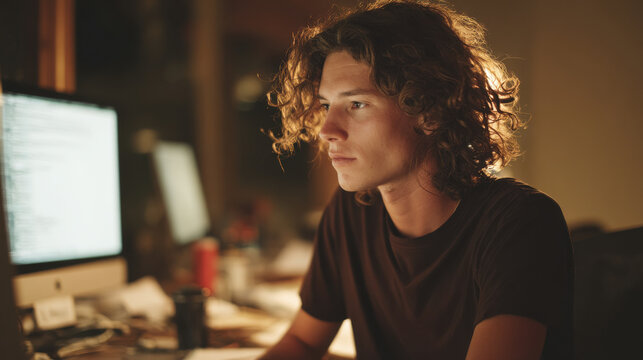 focused cryptographer diligently analyzing complex ciphers on computer screen showcasing intricate patterns of data