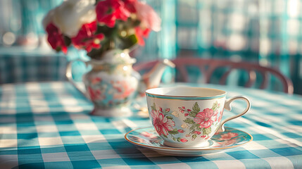 Fototapeta premium Vintage floral teacup and saucer with flowers on a checkered tablecloth