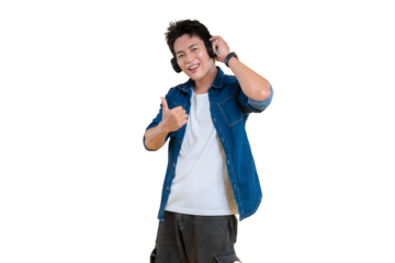 A young man enjoying music while wearing headphones and giving a thumbs up on png background