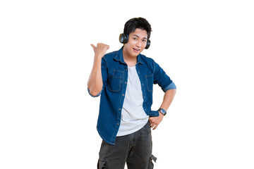 Young Man Smiling with Headphone, Pointing Left on png background