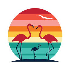 Naklejka premium Silhouetted Flamingos Standing in Water Vector Illustration with Colorful Reflections