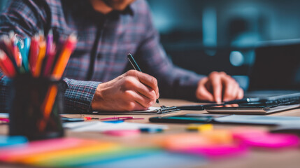 Person Tidying Desk with Intention and Arranging Office Supplies