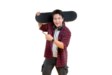 A young man with a skateboard on his shoulder is pointing with his hand on png background