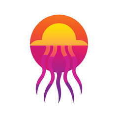 Stylized Jellyfish with Neon Retro Sun Design