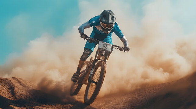 Illustration of a professional cyclist performing stunts on his mountain bike in the desert. Illustration for a sports banner background. - Powered by Adobe