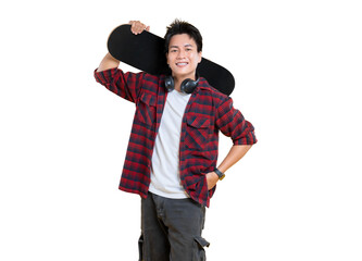A young man confidently holding a skateboard. He wears a casual outfit and headphones. on png...