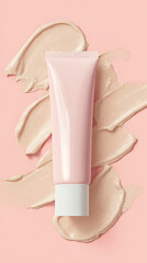 Pink cosmetic tube lying on foundation cream smears on pink background