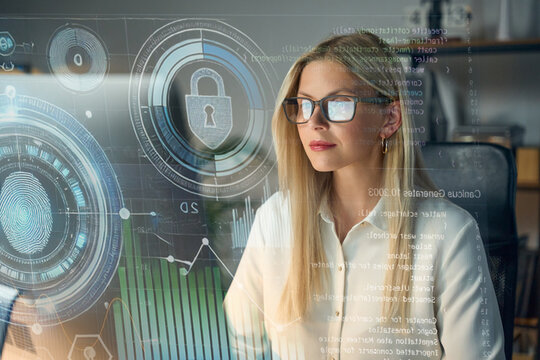 Female professional analyzing cybersecurity framework with data visualizations and fingerprint security concepts, indicative of skill and innovation in digital forensics