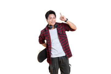 A young man with skateboard gesturing upward on png background