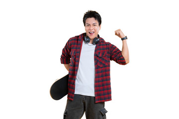 A stylish young man showing off his skateboard with determination  on png background