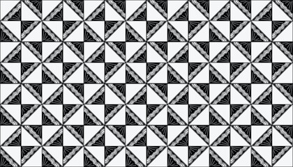 An abstract tile pattern featuring repeating triangular shapes in black and gray, some decorated with striped details. Suitable for contemporary fabric motifs and backdrops