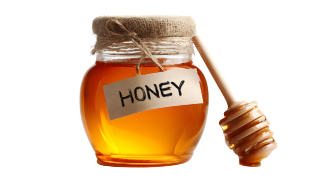 A clear glass bottle of artisanal honey, with a rustic paper label and a wooden honey dipper inside, isolated on a pure Transparent background.