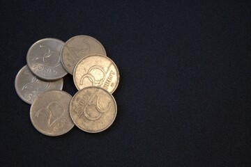 Close-up of Hungarian forint coins on black background with copy space. Concept of currency,...