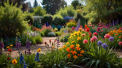 Obraz premium Colorful Flower Garden in Bloom with Pathway and Lush Greenery