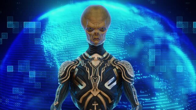 Humanoid Green Alien wearing Sci fi Black and Gold Armour doing a gesture with Hologram of Earth in the background CGI Animation
