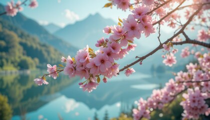 the image showcases a blossoming branch with clusters of pink flowers against a serene outdoor backdrop. in the distance, majestic mountains rise, their slopes covered in lush greenery