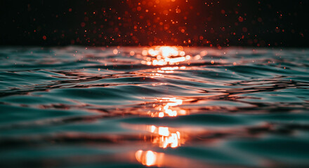 Impressionist abstract water surface, under the red moon radiating inner light and freshness, Vibrant shimmering waves at a magical night. Unforgettable mystic night at sea or ocean for adventures 
