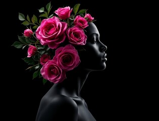 Black woman with pink roses in hair against black background