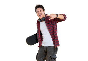A stylish young man with headphones and a skateboard, expressing a fun vibe  on png background