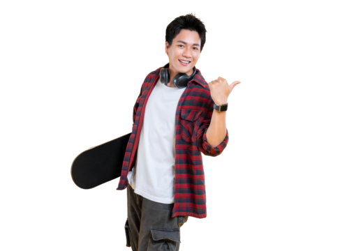 A smiling young man with a skateboard, pointing at the side, wearing headphones. He exudes an optimistic, casual vibe, perfect for lifestyle or youth-focused visuals on png background