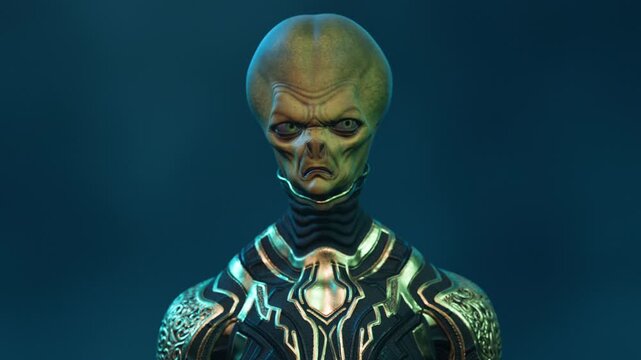 Grumpy or Angry looking Humanoid Green Alien wearing Sci fi Black and Gold Armor CGI Animation
