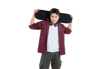 A young man with skateboard ready for outdoor activities on png background